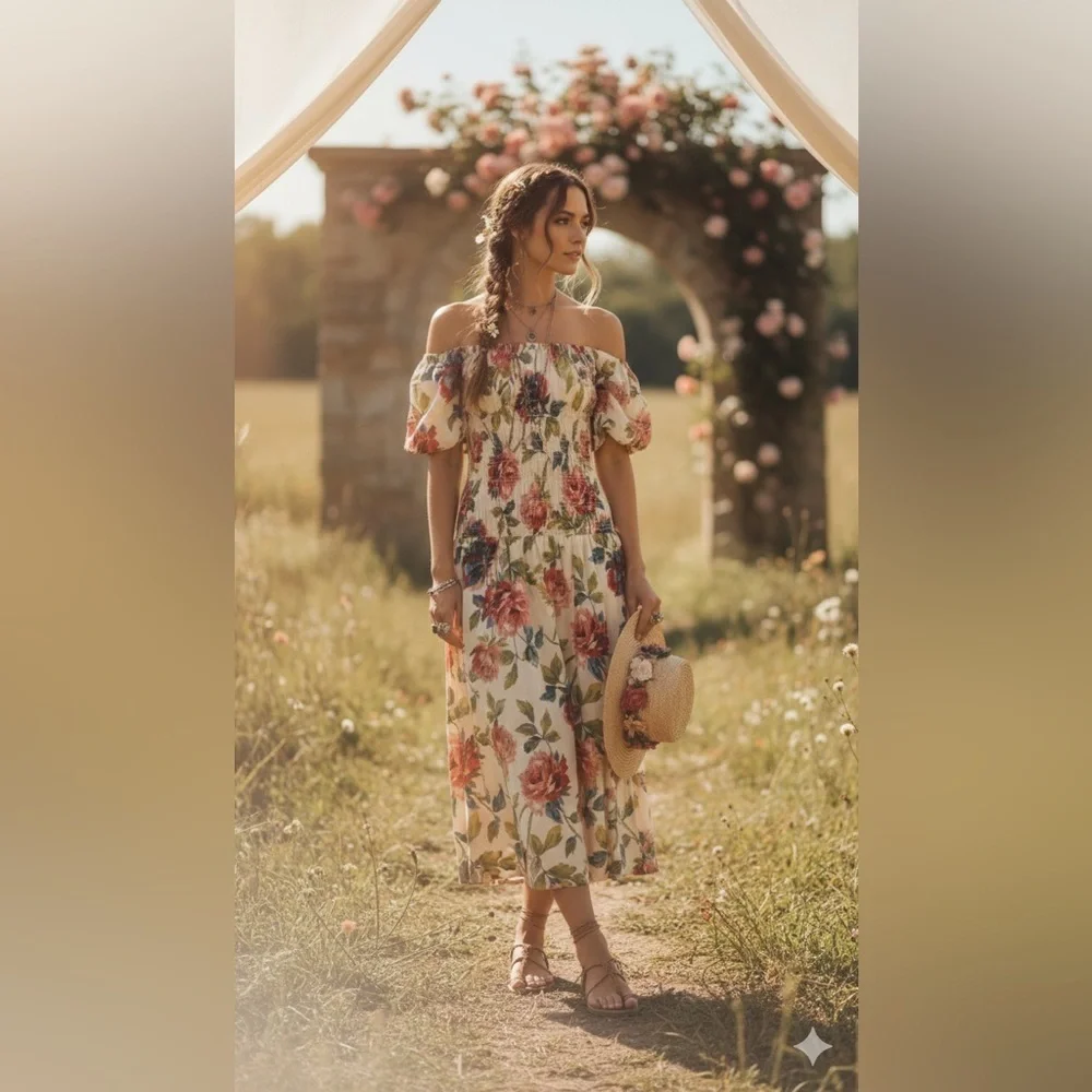 Abercrombie & Fitch Smocked Drop Waist Off Shoulder Floral Maxi Sundress NWT
